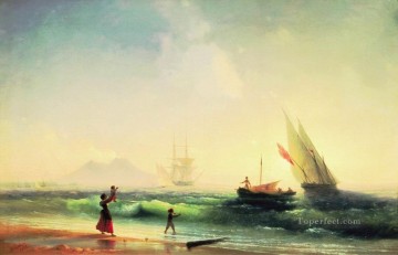 風景 Painting - ナポリ湾の海岸での漁師たちのイワン・アイヴァゾフスキーの会合 海景